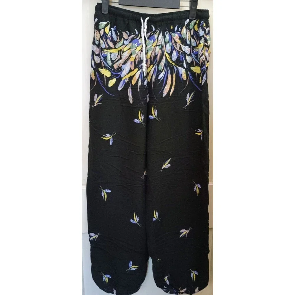 Urban Coco Women's Black Feather Print Palazzo Pants Elastic Waist Boho Lounge L